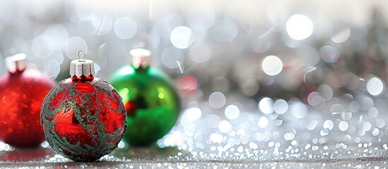 Defocused red and green Christmas baubles on shimmering silver backdrop --ar 16:7 --no noise --v 6.0 - Image #2 @hamza