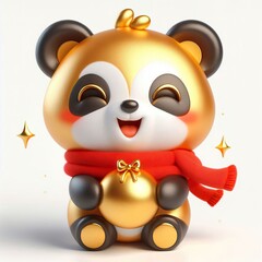 Wall Mural - cute 3d Chinese style happy gold panda teddy bear character with red scarf, holding gold, new year theme