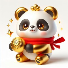 Wall Mural - cute 3d Chinese style happy gold panda teddy bear character with red scarf, holding gold, new year theme