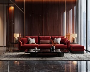 Elegant living room with red sofas, glass detailing, and dark wooden accents.