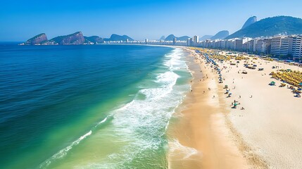 Aerial view of Copacabana Beach in Rio de Janeiro Brazil showcasing the iconic shoreline with gentle waves meeting the sandy beach and the vibrant cityscape in the background under a clear blue