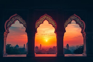 Wall Mural - Mosque sunset islamic frame, vertical image, social media story, Ramadan or islamic concept wallpaper , ai