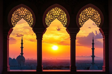 Wall Mural - Mosque sunset islamic frame, vertical image, social media story, Ramadan or islamic concept wallpaper , ai