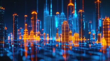 Futuristic cityscape with glowing blue and orange grid lines. Digital artwork of building structure with glowing light. Technology innovation and urban development concept for design and print. AIG53.