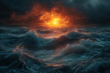 Wall Mural - A beautiful sunset is reflected in the ocean waves