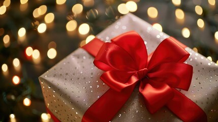 Close-up of a beautifully wrapped Christmas gift with a bright red bow, set against a background of twinkling fairy lights.