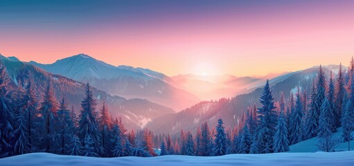 Canvas Print - Snowy Mountain Range at Sunset