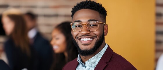 confident businessman smiling with a group of colleagues in the background - successful professional leadership concept.