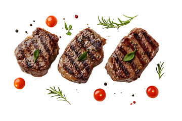 Flat lay of juicy beef steaks isolated on a white background, representing a hearty and flavorful meal option..