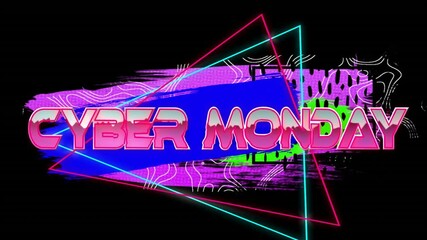 Canvas Print - Cyber Monday text animation over neon geometric shapes and abstract background