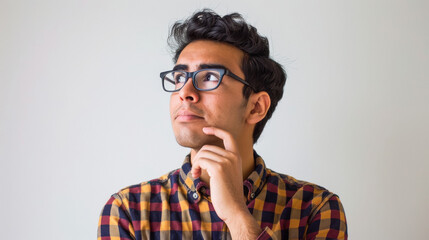 Poster - a handsome Indian man on a white background is thinking about something