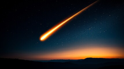 bright meteoroid streaking across night sky over mountain range with stars and sunset.