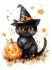 Wall Mural - halloween cat with pumpkin with a scary face art illustration