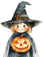 Wall Mural - halloween cute girl with pumpkin and scary face art illustration