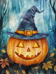 Wall Mural - halloween cute pumpkin with a scary face art illustration