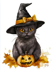 Wall Mural - halloween cat with pumpkin with a scary face art illustration