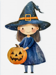 Wall Mural - halloween cute girl with pumpkin and scary face art illustration