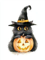 Wall Mural - halloween cat with pumpkin with a scary face art illustration