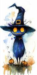 Wall Mural - halloween cat with pumpkin with a scary face art illustration