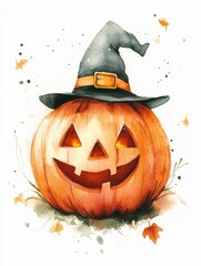 Wall Mural - halloween cute pumpkin with a scary face art illustration
