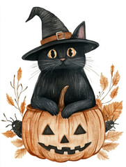 Wall Mural - halloween cat with pumpkin with a scary face art illustration