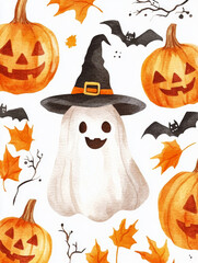 Wall Mural - halloween cute ghost with pumpkin and scary face art illustration