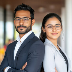 Canvas Print - Indian business man and woman together standing confidently