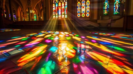 Intricate stained glass illuminates church floor with colorful shadows and reverent beauty