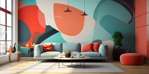 Mural with colorful circles in and beige on the wall of an elegant living room with a sofa. Minimalist style. The background is white and has two small side tables near it.