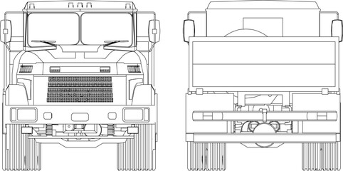 Wall Mural - Vector illustration silhouette design of detailed construction truck trailer transport vehicle with open container body for material delivery