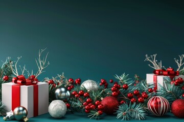 Wall Mural - Christmas decorations and gifts on a deep teal background, festive holiday theme, 3D rendering.