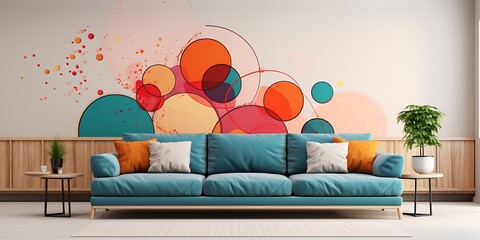 Mural with colorful circles in and beige on the wall of an elegant living room with a sofa. Minimalist style. The background is white and has two small side tables near it.