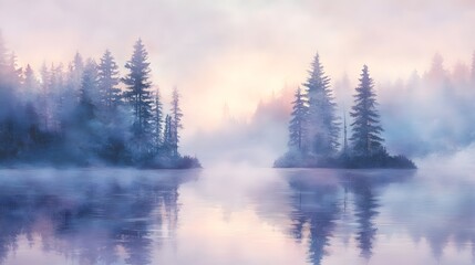 Poster - Misty lake at dawn surrounded by pine trees soft pastel hues and watercolor effect