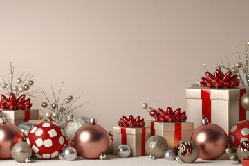 Wall Mural - Christmas balls and gifts on a soft beige background, festive holiday decor, isolated for copy space, 3D rendering.