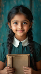 Wall Mural - cute indian little girl in school uniform holding books and smiling