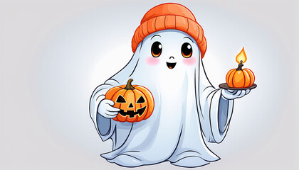 Wall Mural - Cute ghost wearing an orange hat with a pumpkin and holding an oil lamp in Halloween style