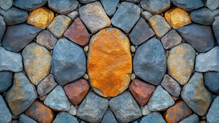  Symmetrical stone pattern with colorful, textured rocks arranged in a traditional design, reflecting ancient craftsmanship and cultural significance.