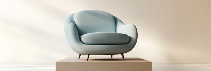 3D minimalist rendering of a periwinkle armchair on a sepia podium, white background.