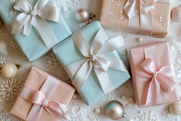 Wall Mural - Chic pastel-colored Christmas presents with delicate ribbons on a white background. Snowflakes and small ornaments. Flat lay with room for text.