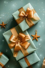 Wall Mural - Chic gifts with golden bows on a seafoam green background, enhanced by twinkling stars for a unique holiday look.