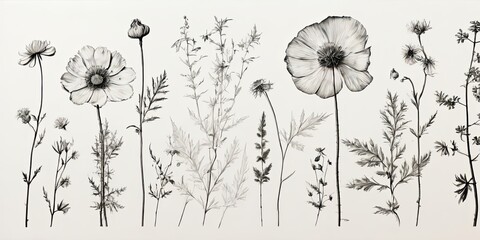 A black and white drawing of flowers with a white background