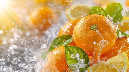 Wall Mural - A splash of water on a table with oranges and lemons