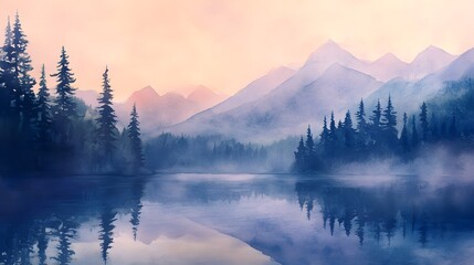 Wall Mural - Serene mountain lake at dawn mist rising pine trees watercolor pastel gradients