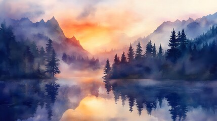 Poster - Watercolor misty dawn at mountain lake pine trees surrounding