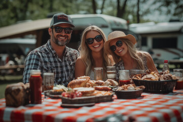 Family Having Picnic Near Rv Camping