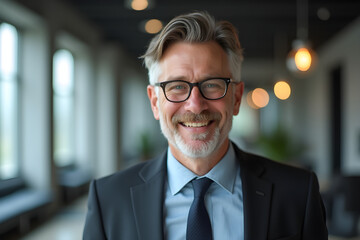 Wall Mural - portrait of successful businessman consultant looking at camera and smiling inside modern office building