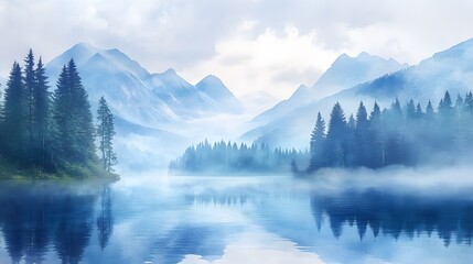 Wall Mural - Early morning mist at mountain lake with pine trees surrounding soft watercolor