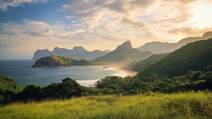 Wall Mural - Scenic Beach Landscape Featuring Golden Sand, Gentle Waves, and a Clear Horizon. 