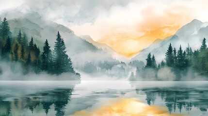 Poster - Serene mountain lake at sunrise mist rising and pine trees soft watercolor