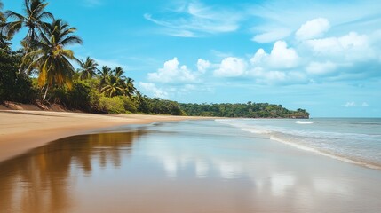 Wall Mural - Scenic Beach Landscape Featuring Golden Sand, Gentle Waves, and a Clear Horizon. 